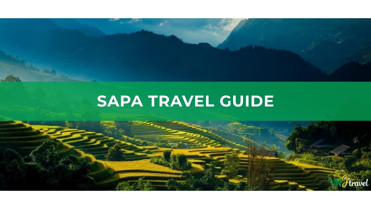 A travel guide cover featuring scenic terraced rice fields and mountains, with the title “SAPA TRAVEL GUIDE” in scenic travel guide cover depicting the lush, layered rice terraces of Sapa, Vietnam, surrounded by forested mountains. A green horizontal white text on a green banner.