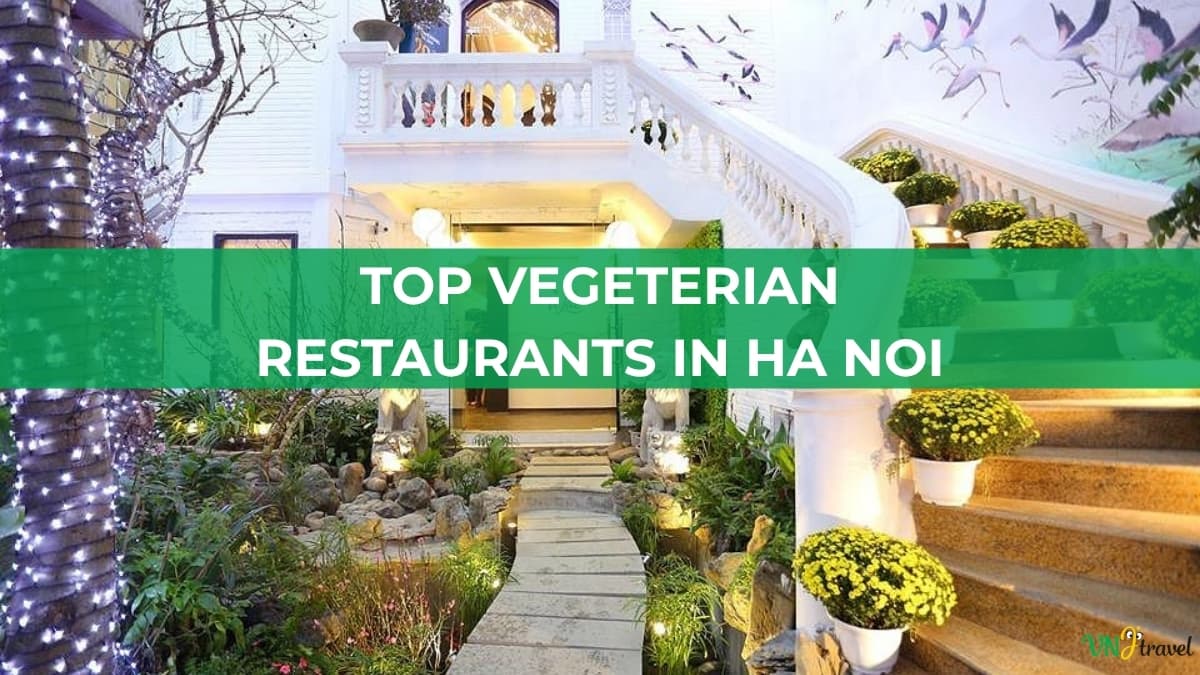 An elegant white restaurant entrance in Hanoi with a stone walkway, fairy lights wrapped around a tree, and staircase steps lined with potted yellow flowers, overlaid with a green banner reading "TOP VEGETERIAN RESTAURANTS IN HA NOI"