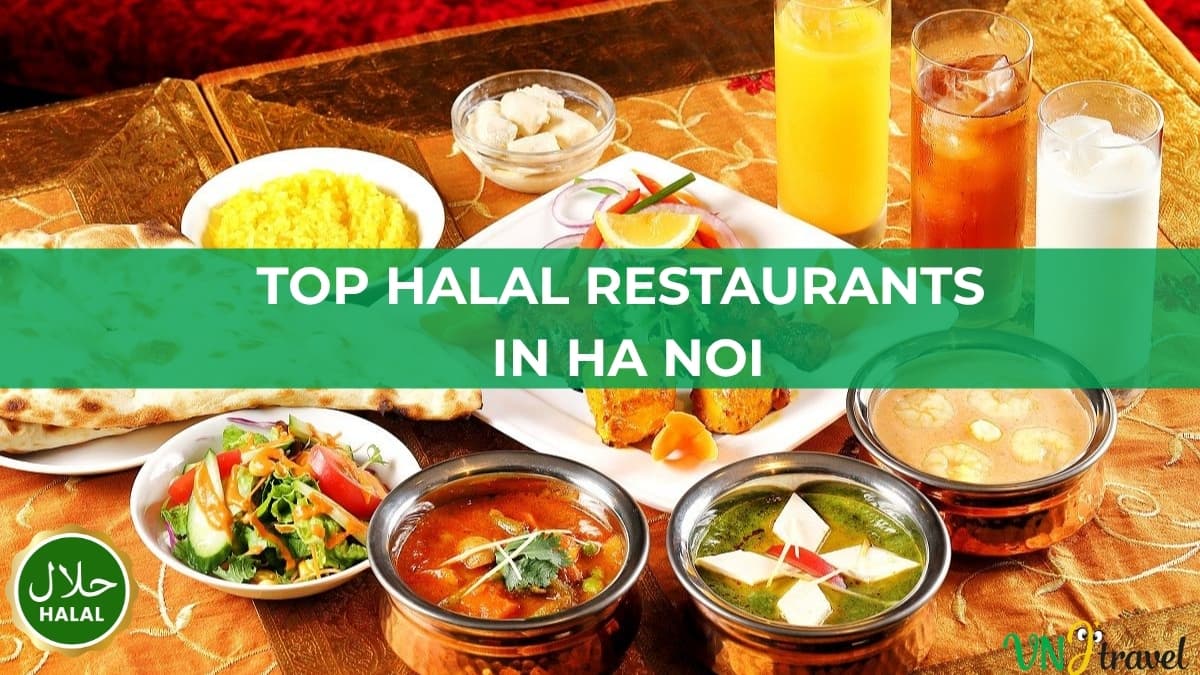 A table spread of Halal Indian dishes including curries in metal bowls, naan bread, yellow rice, fresh salad, and chilled drinks, overlaid with a green banner reading "TOP HALAL RESTAURANTS IN HA NOI" and a Halal certified logo in the bottom left corner.