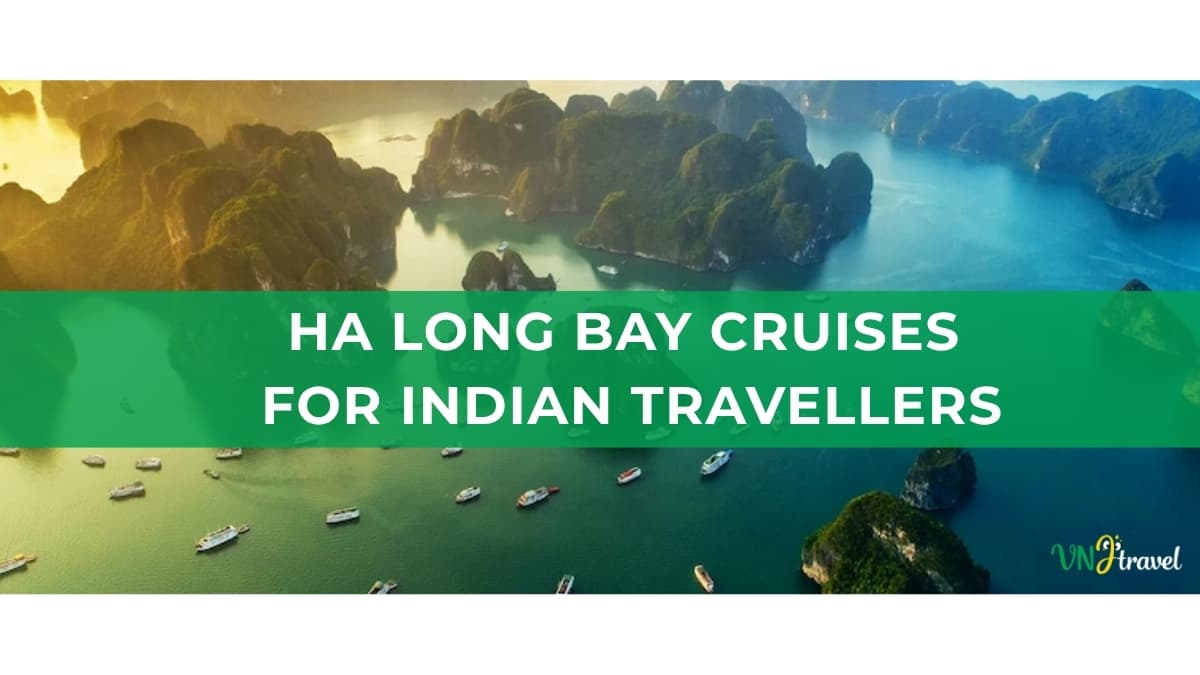 An aerial view of limestone karsts and boats floating on emerald waters in Ha Long Bay, overlaid with a green banner reading "HA LONG BAY CRUISES FOR INDIAN TRAVELLERS"