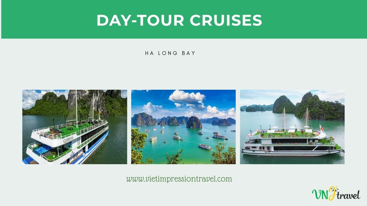 A promotional graphic for Ha Long Bay day-tour cruises showing three image thumbnails of cruise boats amidst limestone karsts, topped with a green banner reading "DAY-TOUR CRUISES"