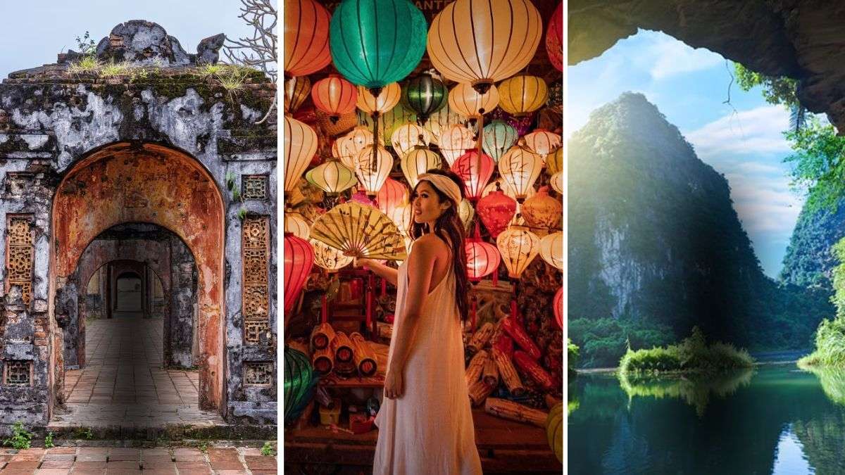 A travel collage highlighting Central Vietnam's cultural and natural attractions, featuring the ancient stone gateway of Hue Imperial City, colorful lanterns illuminating a lantern shop in Hoi An, and the breathtaking limestone landscape viewed from a cave in Phong Nha-Ke Bang National Park.