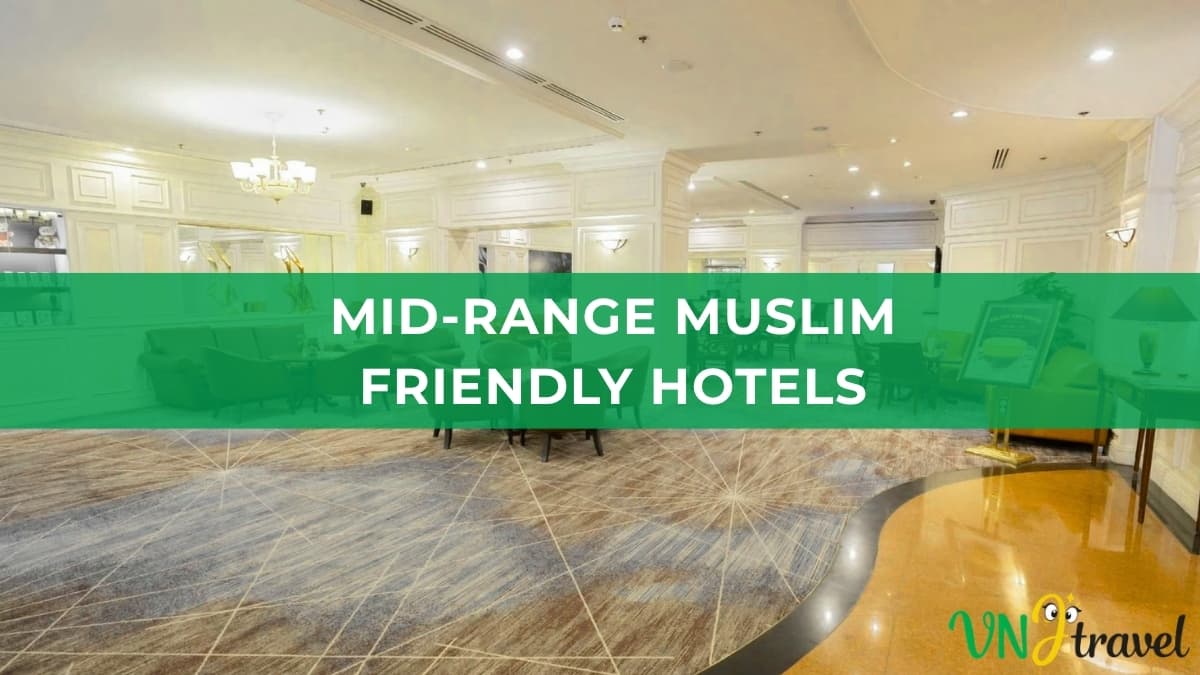 An interior view of a bright hotel lobby with classical white wall paneling and patterned carpeting, overlaid with a green banner reading "MID-RANGE MUSLIM FRIENDLY HOTELS"