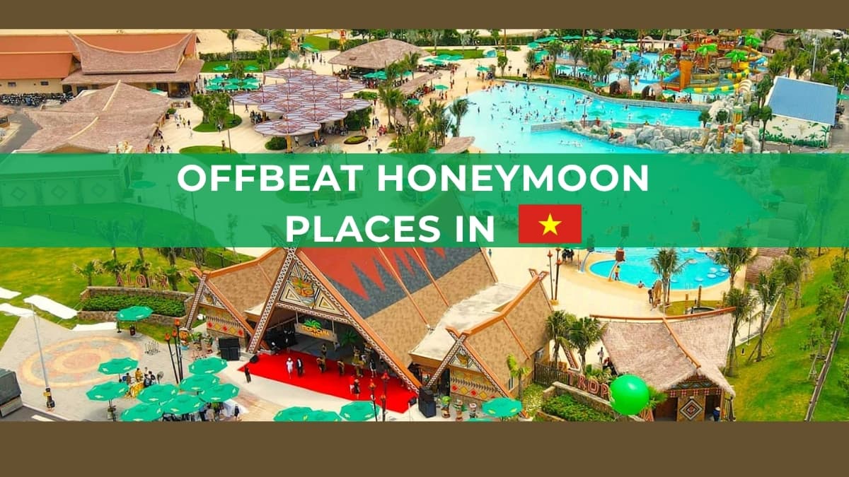 Aerial view of a resort in Vietnam featuring swimming pools, water slides, traditional-style buildings, and landscaped gardens.