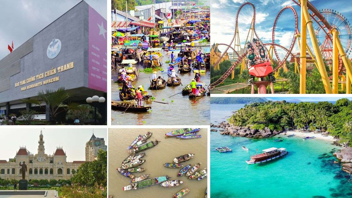 the highlights of Southern Vietnam, including the War Remnants Museum and Ho Chi Minh City Hall in Ho Chi Minh City, the vibrant Cai Rang Floating Market in the Mekong Delta, thrilling rides at VinWonders Phu Quoc, and the crystal-clear turquoise waters of Phu Quoc Island.