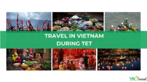 A travel collage featuring Vietnamese Tet celebrations, with festive performances, traditional food, flower markets, holiday decorations, and floating lanterns, overlaid with a green banner reading “TRAVEL IN VIETNAM DURING TET.”