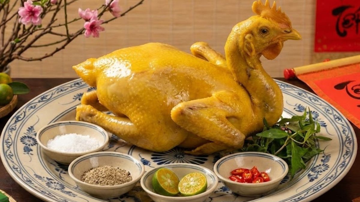 A whole boiled chicken served on a traditional ceramic platter with salt, pepper, lime, chili, and fresh herbs, prepared as a festive offering for Vietnamese Tết celebrations.