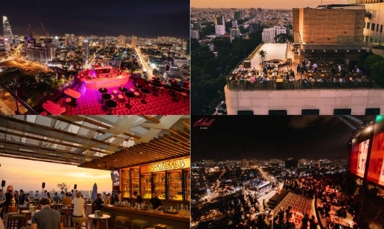 Luxury rooftop and cocktail bars in Saigon at night with city skyline views