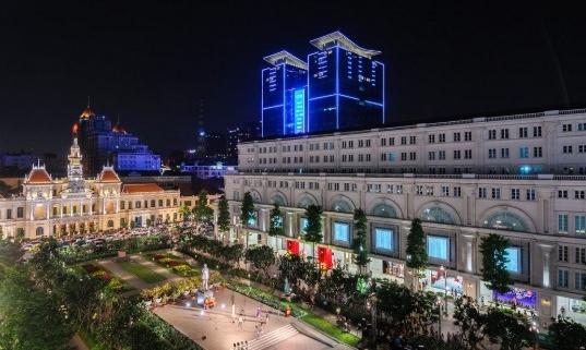 Nguyen Hue Walking Street at night with city lights and crowds in Ho Chi Minh City