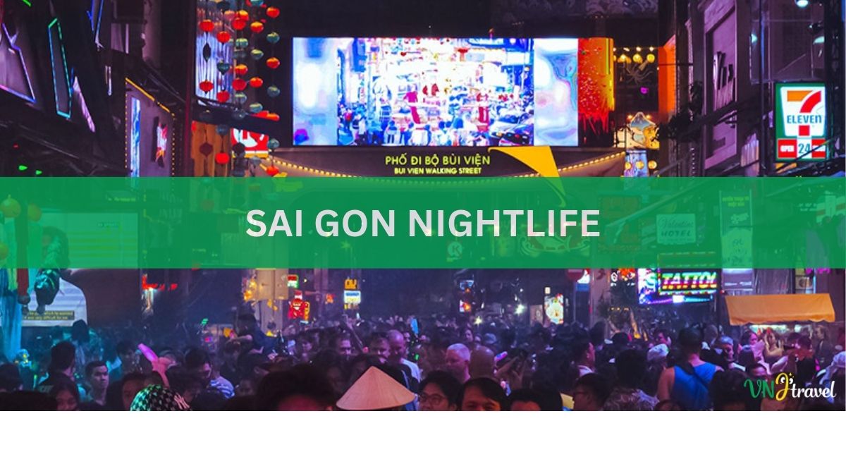 Vibrant nightlife in Ho Chi Minh City featuring illuminated skyscrapers, bustling streets, rooftop bars, night markets, and lively entertainment venues.
