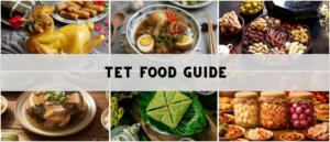 Traditional Vietnamese Tet food featuring banh chung, banh tet, and festive New Year dishes