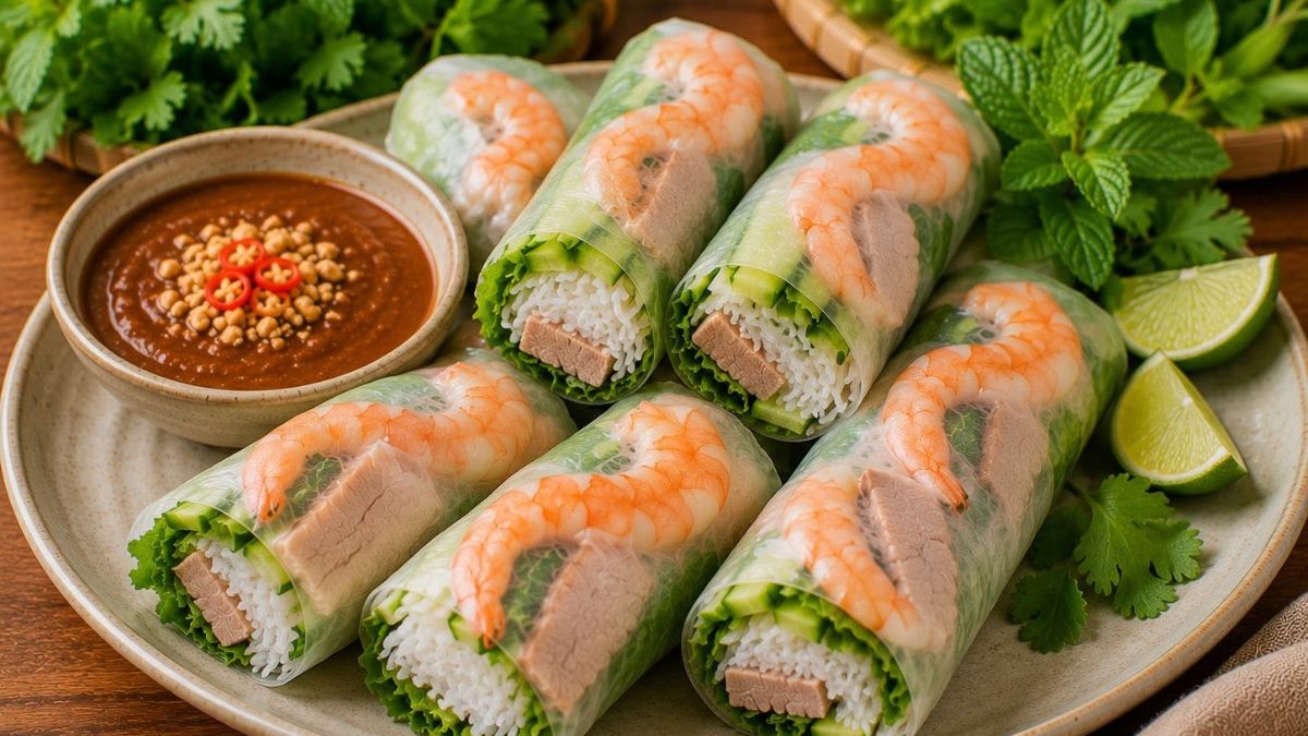 Fresh Vietnamese spring rolls (Gỏi Cuốn) filled with shrimp, rice noodles, lettuce, and aromatic herbs, served with a traditional dipping sauce.