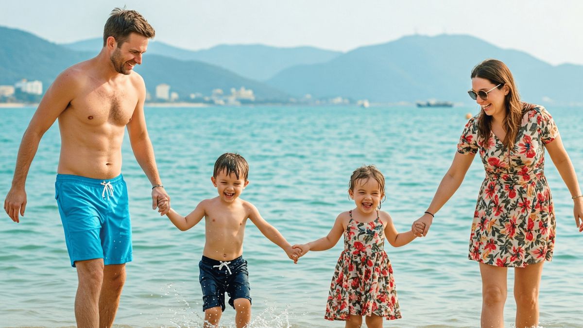 A family with two young children enjoys a fun day at My Khe Beach in Da Nang, walking hand in hand along the shoreline and splashing in the shallow water.