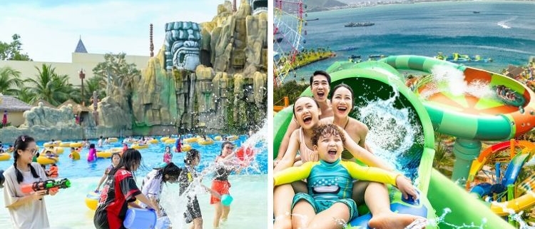 Family enjoying water slides at VinWonders Phu Quoc and Nha Trang, one of the best theme park activities for kids in Vietnam