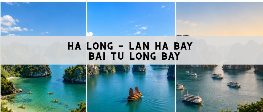 Comparison view of Ha Long Bay, Lan Ha Bay, and Bai Tu Long Bay featuring limestone islands, emerald waters, and cruise boats in northern Vietnam.