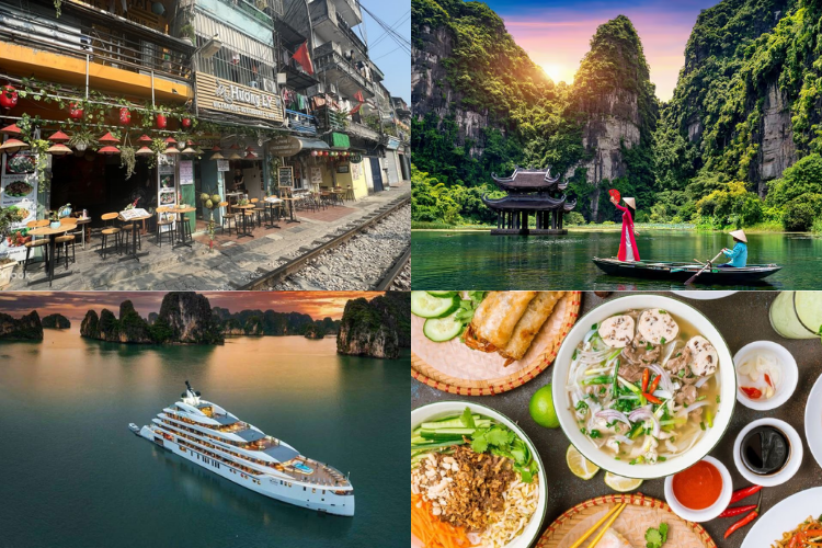 A travel collage featuring Hanoi Old Quarter, Ninh Binh boat tours, a Ha Long Bay cruise, and traditional Vietnamese food