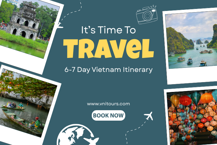 A Vietnam travel itinerary poster featuring Hoan Kiem Lake, Ha Long Bay, Trang An boat tours, and Hoi An lanterns
