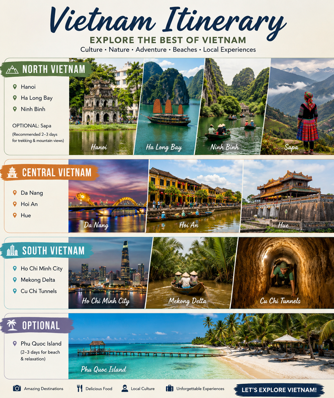 A detailed Vietnam travel itinerary poster featuring famous destinations across North, Central, and South Vietnam, including Hanoi, Ha Long Bay, Ninh Binh, Sapa, Da Nang, Hoi An, Hue, Ho Chi Minh City, Mekong Delta, Cu Chi Tunnels, and Phu Quoc Island
