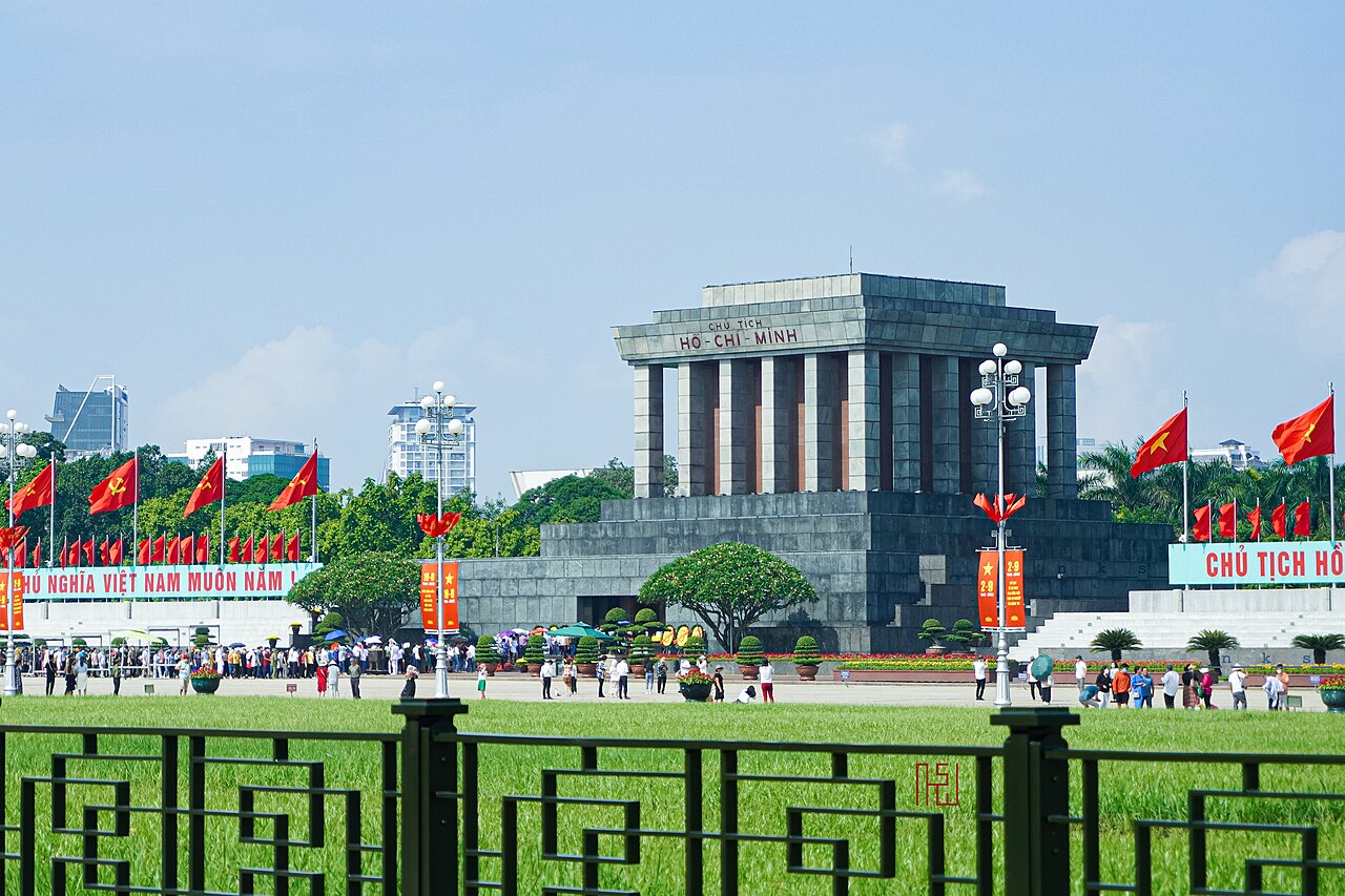 Wide shot of the Ho Chi Minh Mausoleum complex at Ba Dinh Square in Hanoi, Vietnam