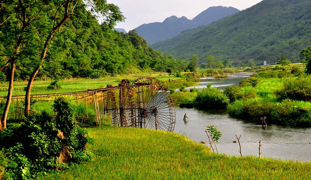 Scenic river landscape in Pu Luong with traditional bamboo water wheels surrounded by green rice fields and mountains.