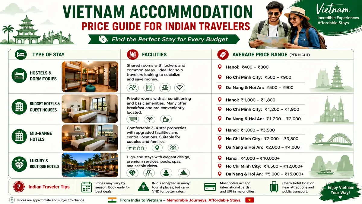 Vietnam accommodation price guide for Indian travelers comparing hostels, budget hotels, mid-range hotels, and luxury hotels across Hanoi, Ho Chi Minh City, Da Nang, and Hoi An.