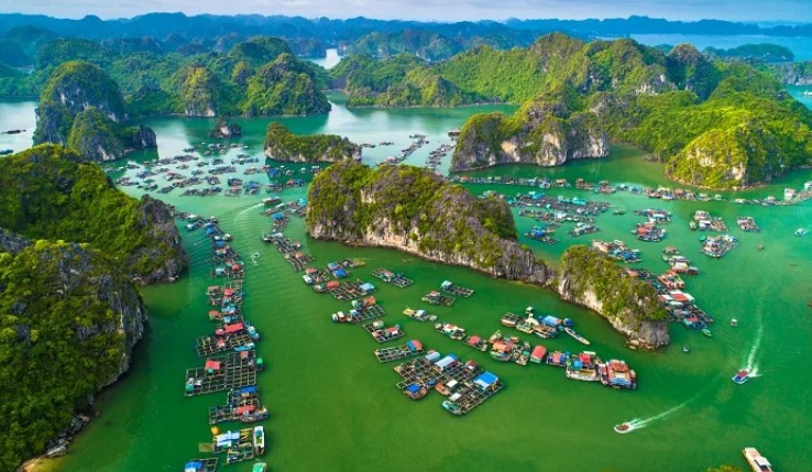 Aerial view of Lan Ha Bay floating fishing village in Cat Ba Island