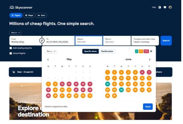 A Skyscanner flight search page showing flights from Mumbai to Ho Chi Minh City with a calendar for selecting travel dates