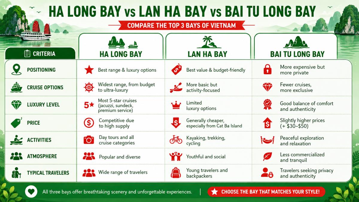 Comparison infographic highlighting the differences between Ha Long Bay, Lan Ha Bay, and Bai Tu Long Bay, including cruise options, pricing, activities, atmosphere, and traveler preferences.