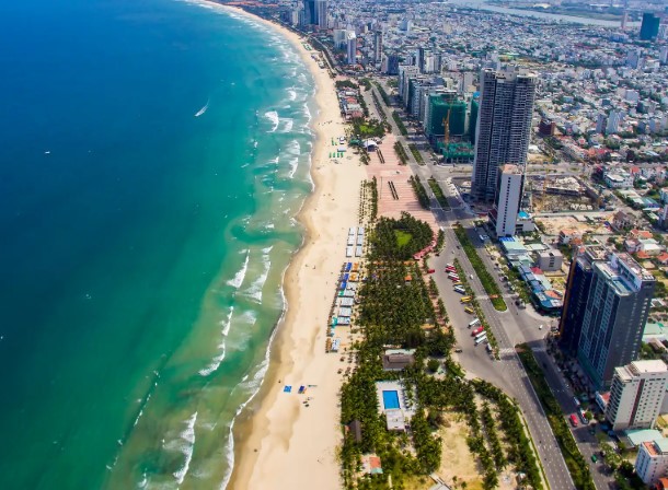 Aerial view of My Khe beach and luxury coastal hotels in Da Nang Vietnam