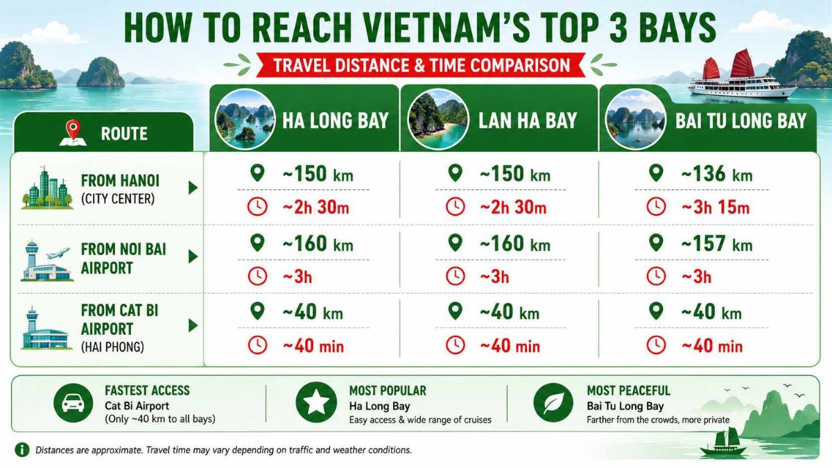Infographic comparing travel distances and transfer times from Hanoi, Noi Bai Airport, and Cat Bi Airport to Ha Long Bay, Lan Ha Bay, and Bai Tu Long Bay in northern Vietnam.