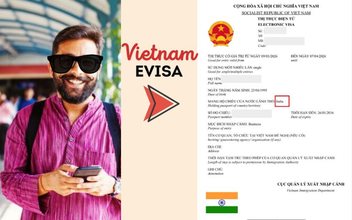 Indian traveler holding a Vietnam e-visa approval document and passport before traveling to Vietnam.