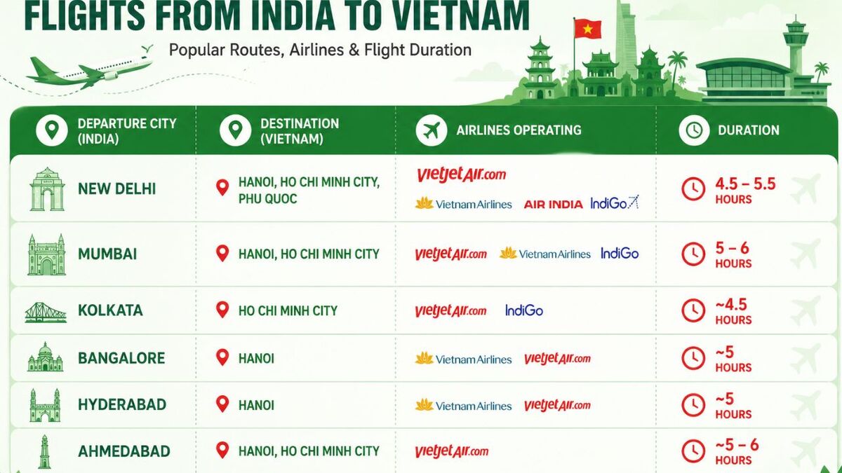 Infographic showing direct flight routes from major Indian cities to Vietnam, including destinations, operating airlines, and estimated flight durations.