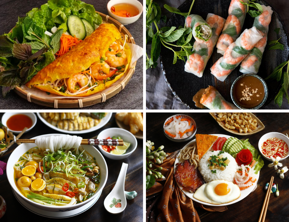Popular Vietnamese dishes in Ho Chi Minh City including banh xeo, fresh spring rolls, noodle soup, and broken rice.