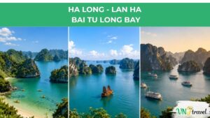 Panoramic view of Ha Long Bay, Lan Ha Bay, and Bai Tu Long Bay featuring limestone karsts, emerald waters, and traditional cruise boats in northern Vietnam.