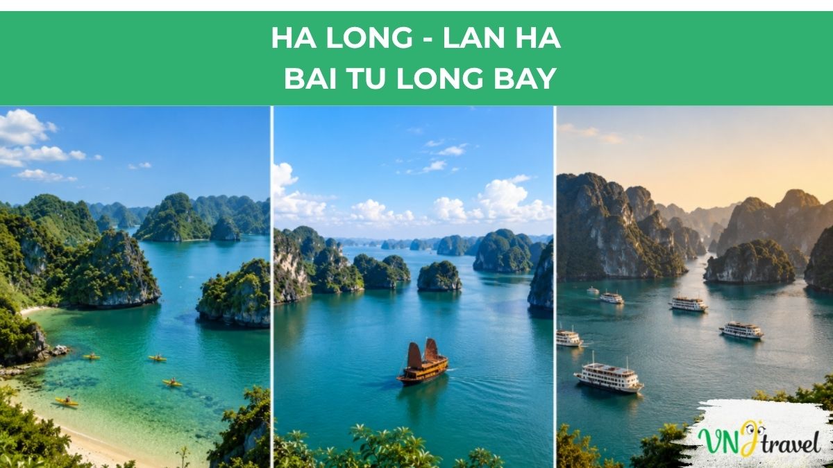 Panoramic view of Ha Long Bay, Lan Ha Bay, and Bai Tu Long Bay featuring limestone karsts, emerald waters, and traditional cruise boats in northern Vietnam.