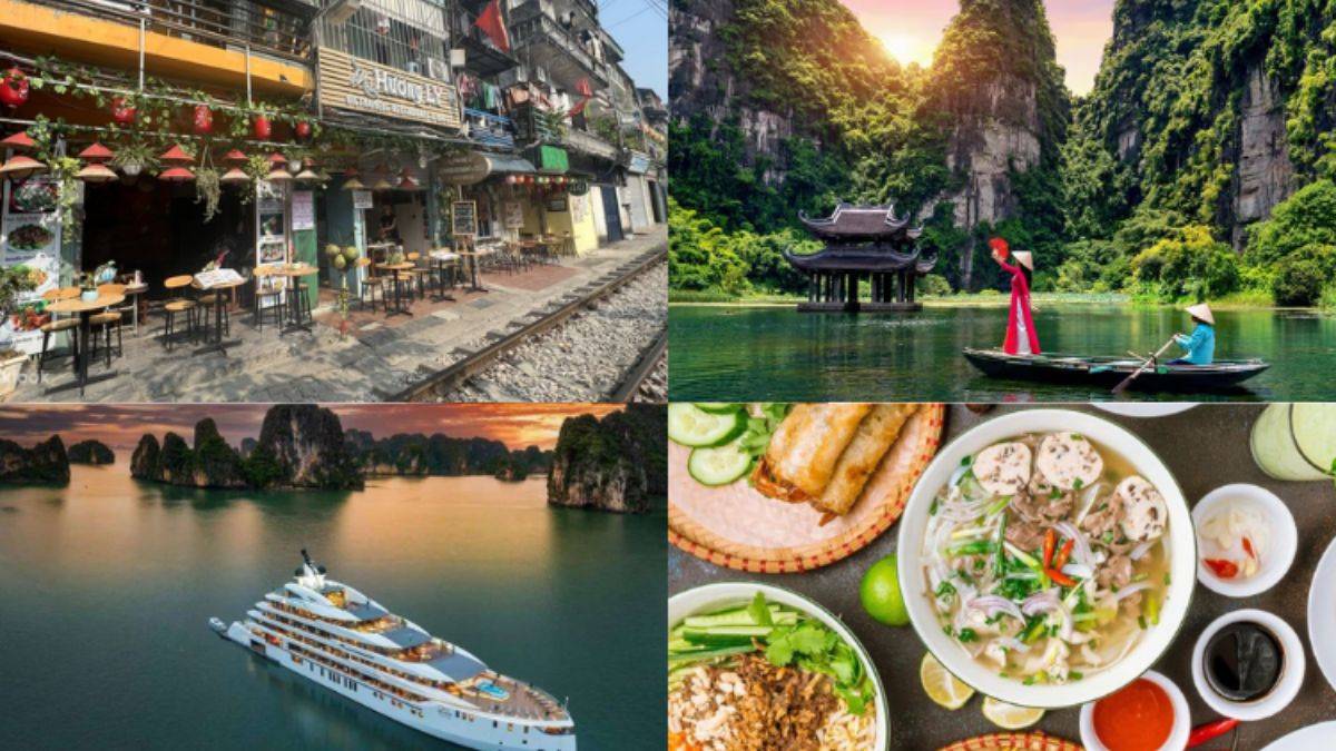 Hanoi and Ha Long Bay travel highlights featuring Train Street, Ninh Binh landscapes, Ha Long Bay cruise, and traditional Vietnamese cuisine.
