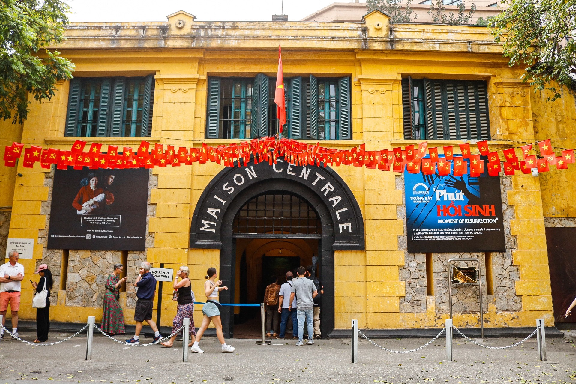 Hoa Lo Prison historical site in Hanoi, Vietnam with the main entrance and colonial French architecture