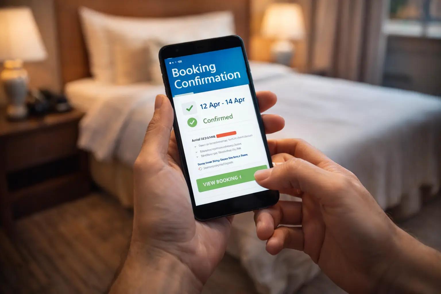 A traveler viewing a hotel booking confirmation on a smartphone while standing inside a hotel room, representing online hotel reservations and booking scams