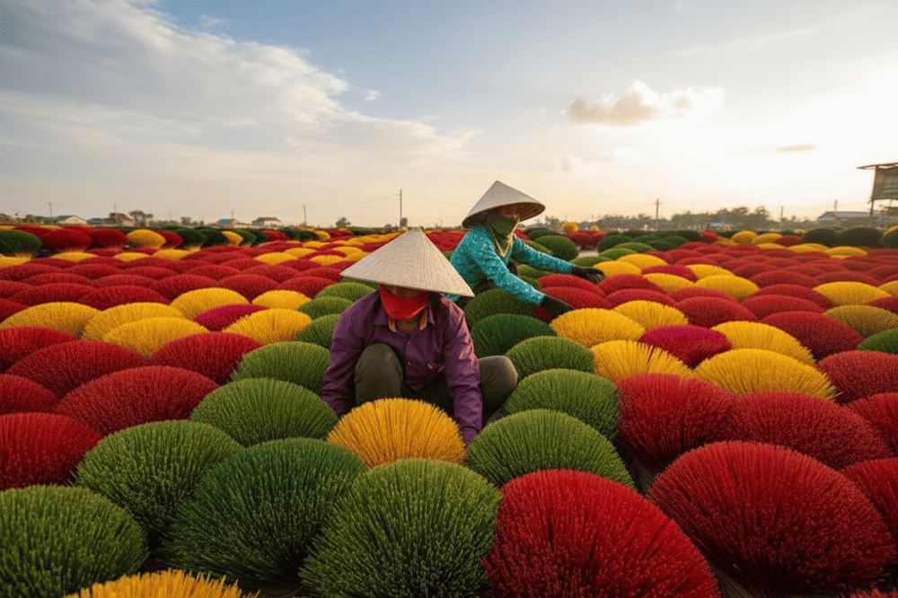 Two Vietnamese workers wearing traditional conical hats arrange colorful incense bundles in a large incense village field at sunset.