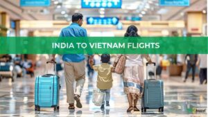 Indian family traveling through an airport with luggage, preparing for a flight from India to Vietnam for a holiday or family vacation.