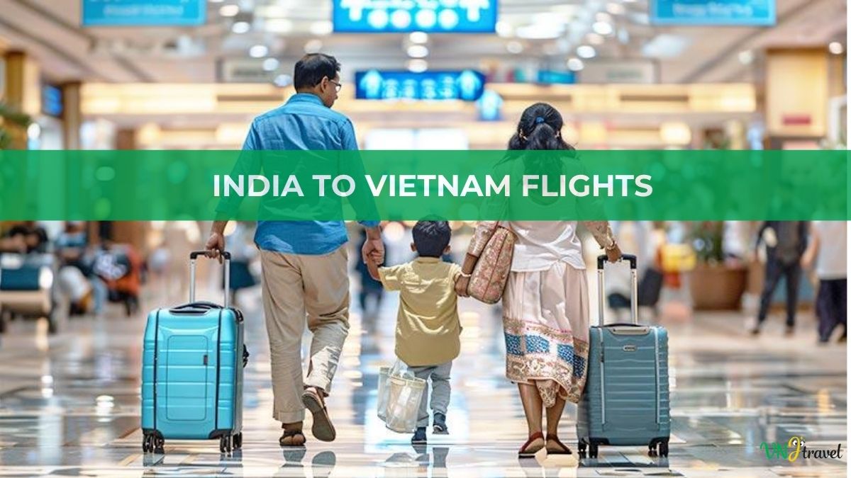 Indian family traveling through an airport with luggage, preparing for a flight from India to Vietnam for a holiday or family vacation.