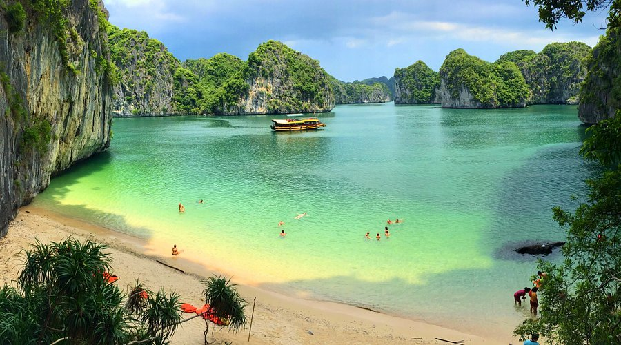 A quiet sandy beach opens onto calm turquoise water surrounded by lush limestone cliffs and small green islands in Lan Ha Bay, Vietnam.