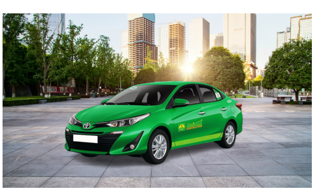 A green Mai Linh taxi parked in a modern city area with skyscrapers and trees in the background