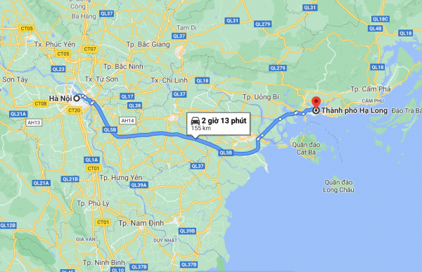 Map showing the travel route from Hanoi to Ha Long City by road in northern Vietnam