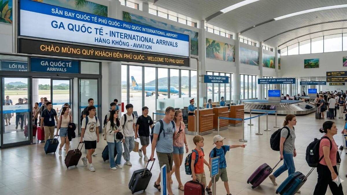 Passengers arriving at Phu Quoc International Airport, the main gateway to Phu Quoc Island in southern Vietnam.