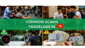 A traveler staying alert while exploring a busy tourist area in Vietnam, highlighting the importance of avoiding common travel scams.