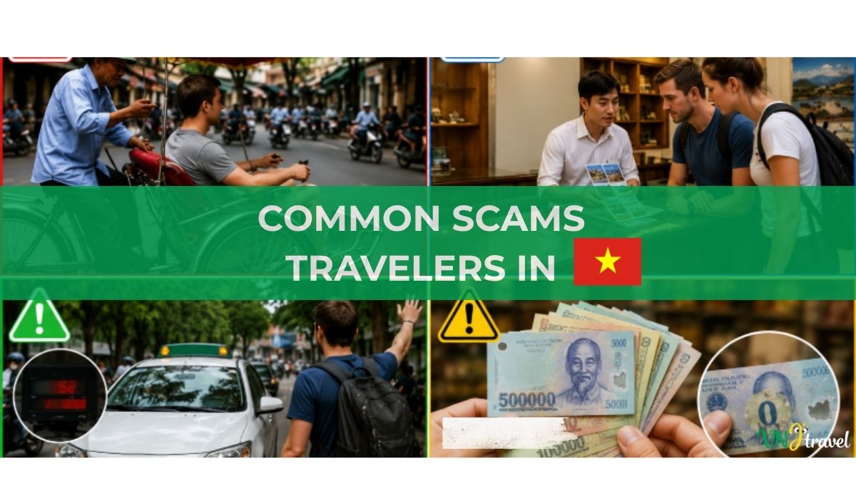 A traveler staying alert while exploring a busy tourist area in Vietnam, highlighting the importance of avoiding common travel scams.