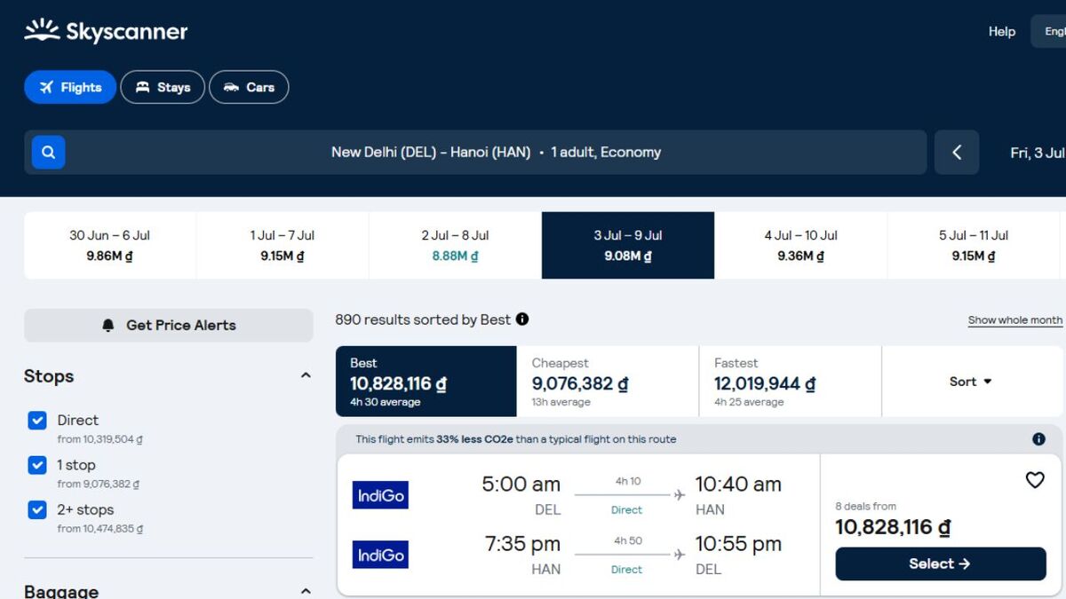 Flight search results showing direct flights between New Delhi (DEL), India, and Hanoi (HAN), Vietnam, with round-trip fares, flight durations, and airline options.