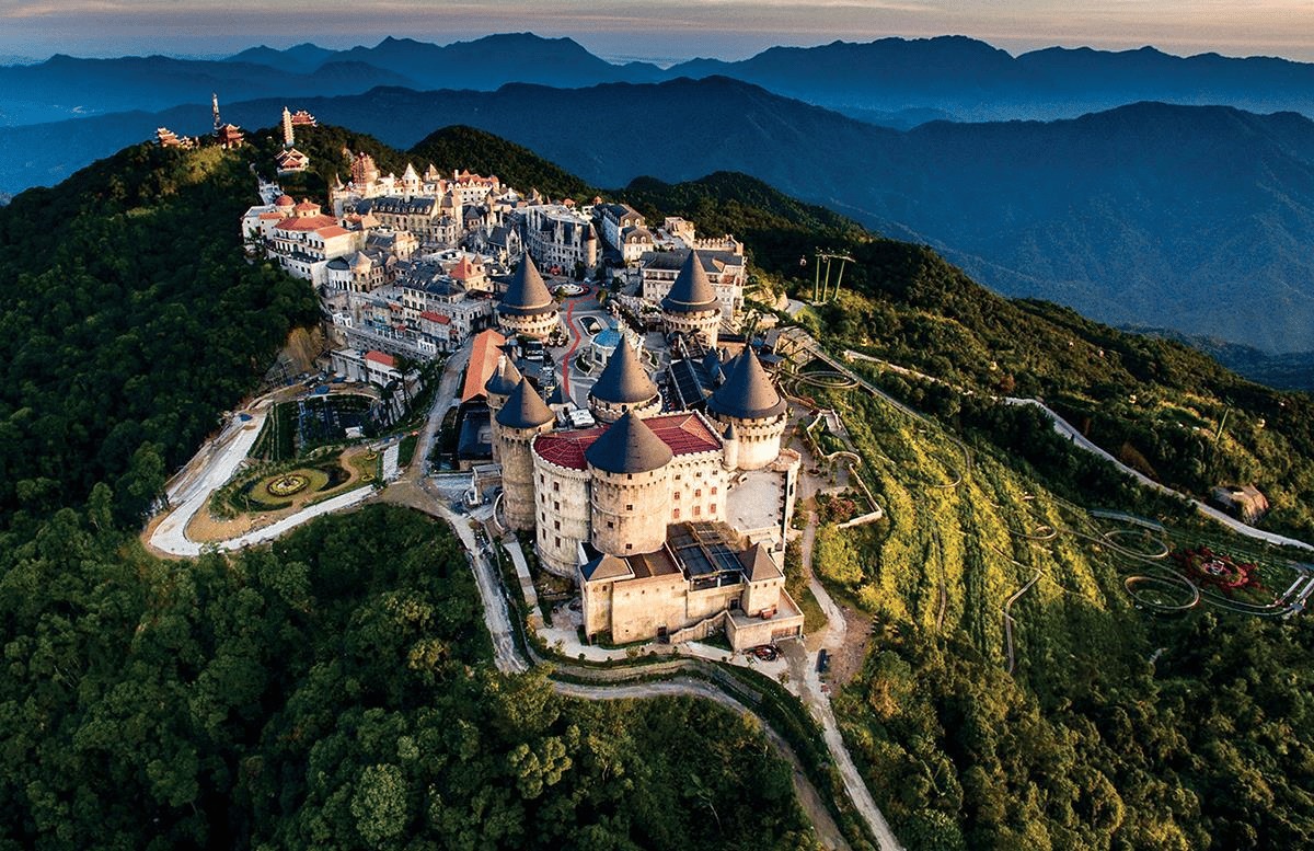 Aerial view of the French Village at Sun World Ba Na Hills in Da Nang Vietnam