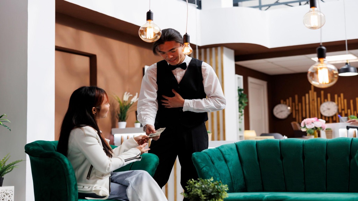 A hotel guest giving a tip to a hotel staff member in appreciation of excellent service and hospitality.